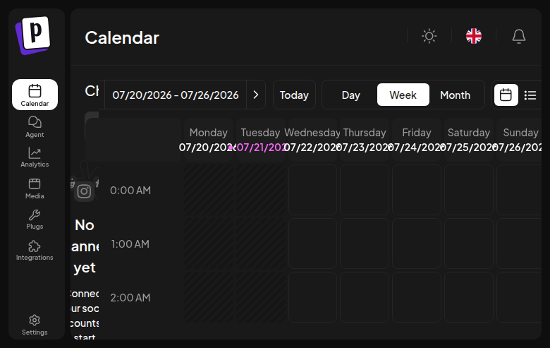 The empty Postiz weekly calendar view after signing in, with a 