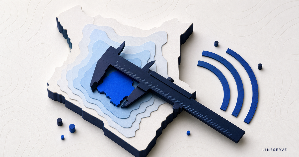 A caliper measuring a layered paper cut-out map of Kenya, with concentric signal arcs beside it
