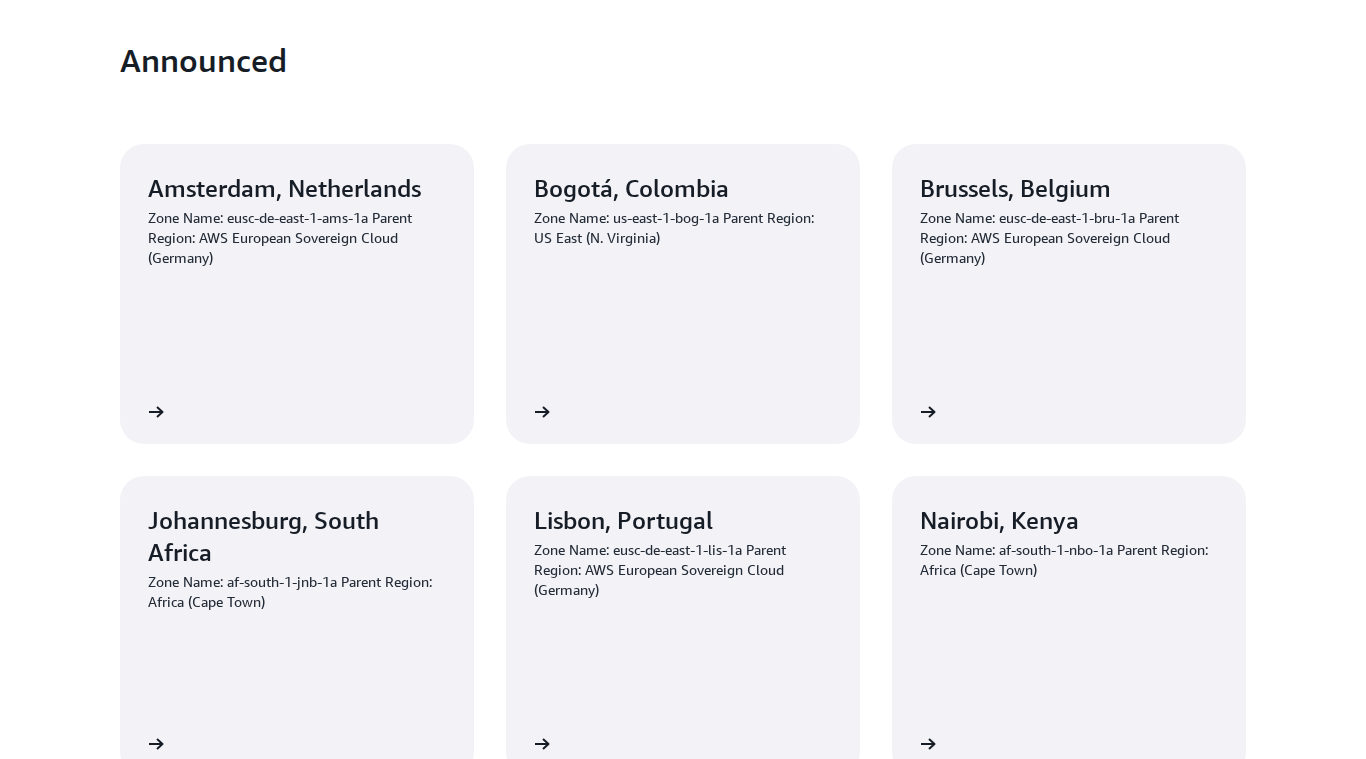 AWS's Local Zones locations page, the "Announced" section, showing cards for Amsterdam, Bogotá, Brussels, Johannesburg, Lisbon and Nairobi, Kenya, with zone name af-south-1-nbo-1a and parent region Africa (Cape Town)
