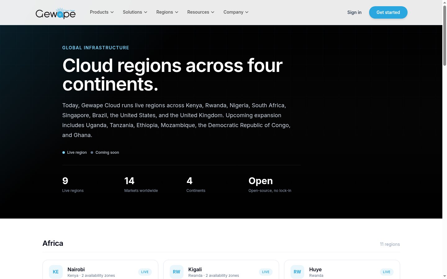 GEWAPE Cloud's regions page: "Cloud regions across four continents", with 9 live regions and a card for Nairobi, Kenya, 2 availability zones, marked live