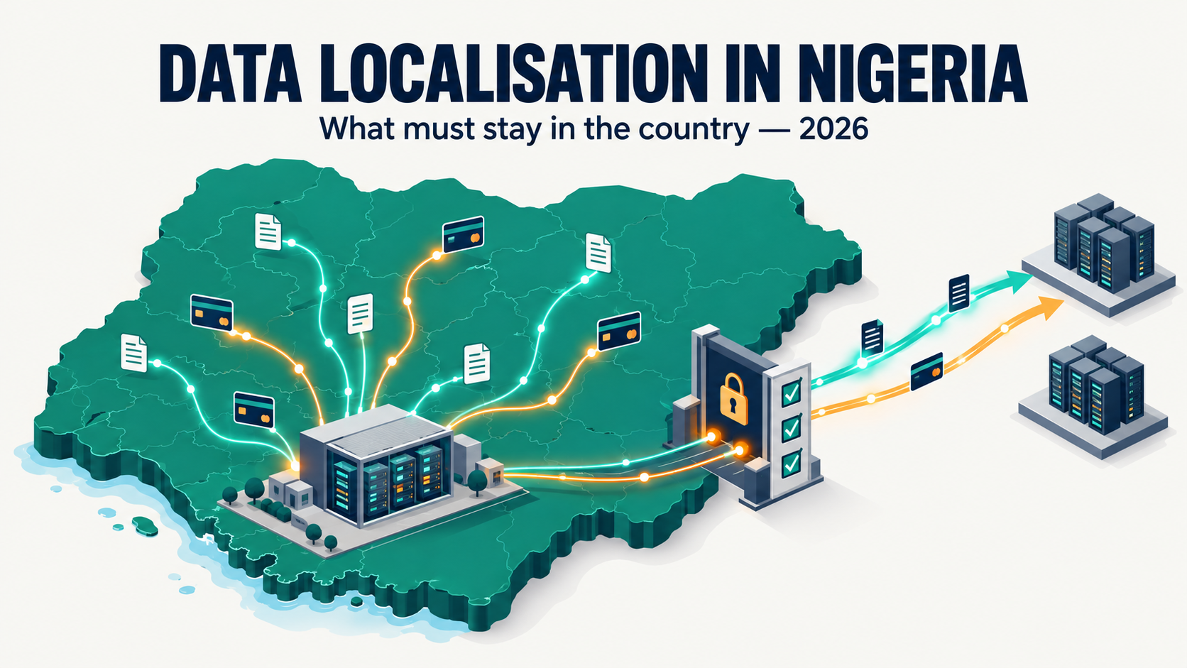 Isometric map of Nigeria with data streams flowing into a Lagos data centre, and two streams leaving through a padlocked checkpoint toward servers abroad