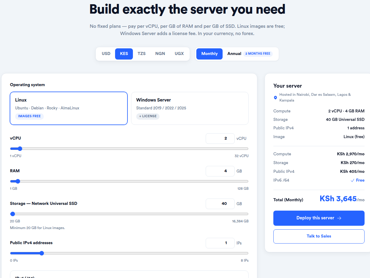 Lineserve Cloud Server configurator on its Kenyan site with KES and monthly billing selected: Linux image, sliders set to 2 vCPU, 4 GB RAM, 40 GB Network Universal SSD and one public IPv4 address, a summary saying hosted in Nairobi, Dar es Salaam, Lagos and Kampala, and a monthly total of KSh 3,645 made up of compute KSh 2,970, storage KSh 270 and IPv4 KSh 405, with IPv6 /64 free